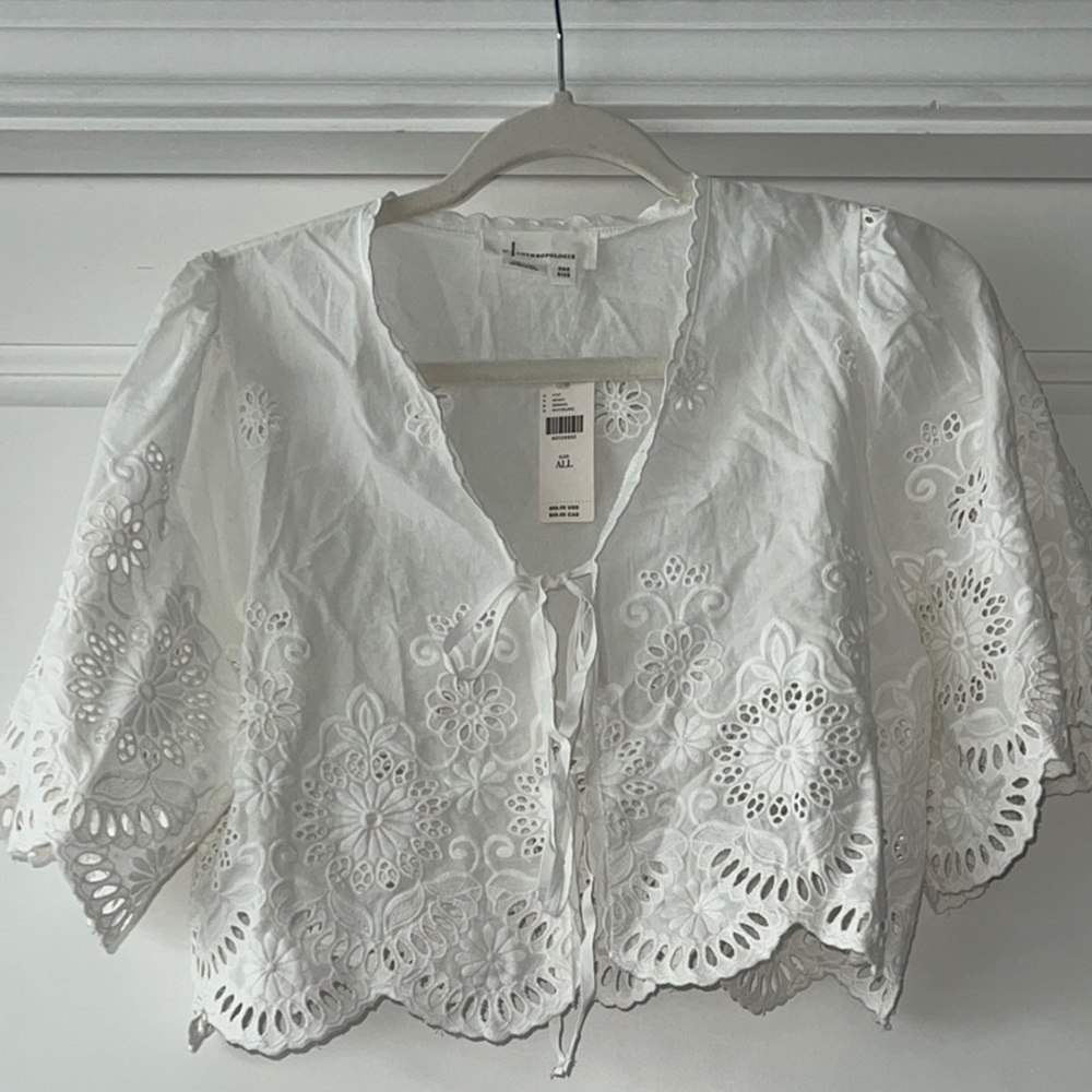 Anthropologie White Cap Sleeve Tie Front Crop Blouse